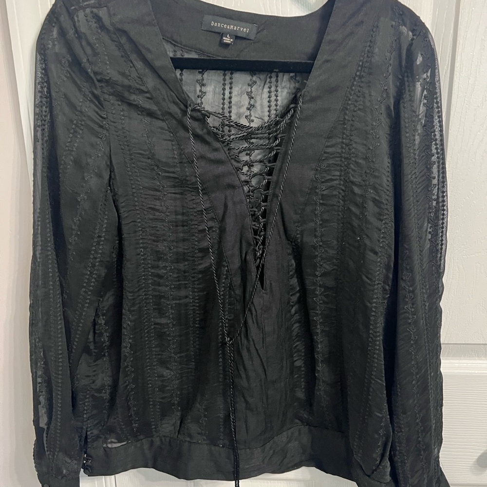 Dance & Marvel Black Sheer Lace-Up Blouse, Size L